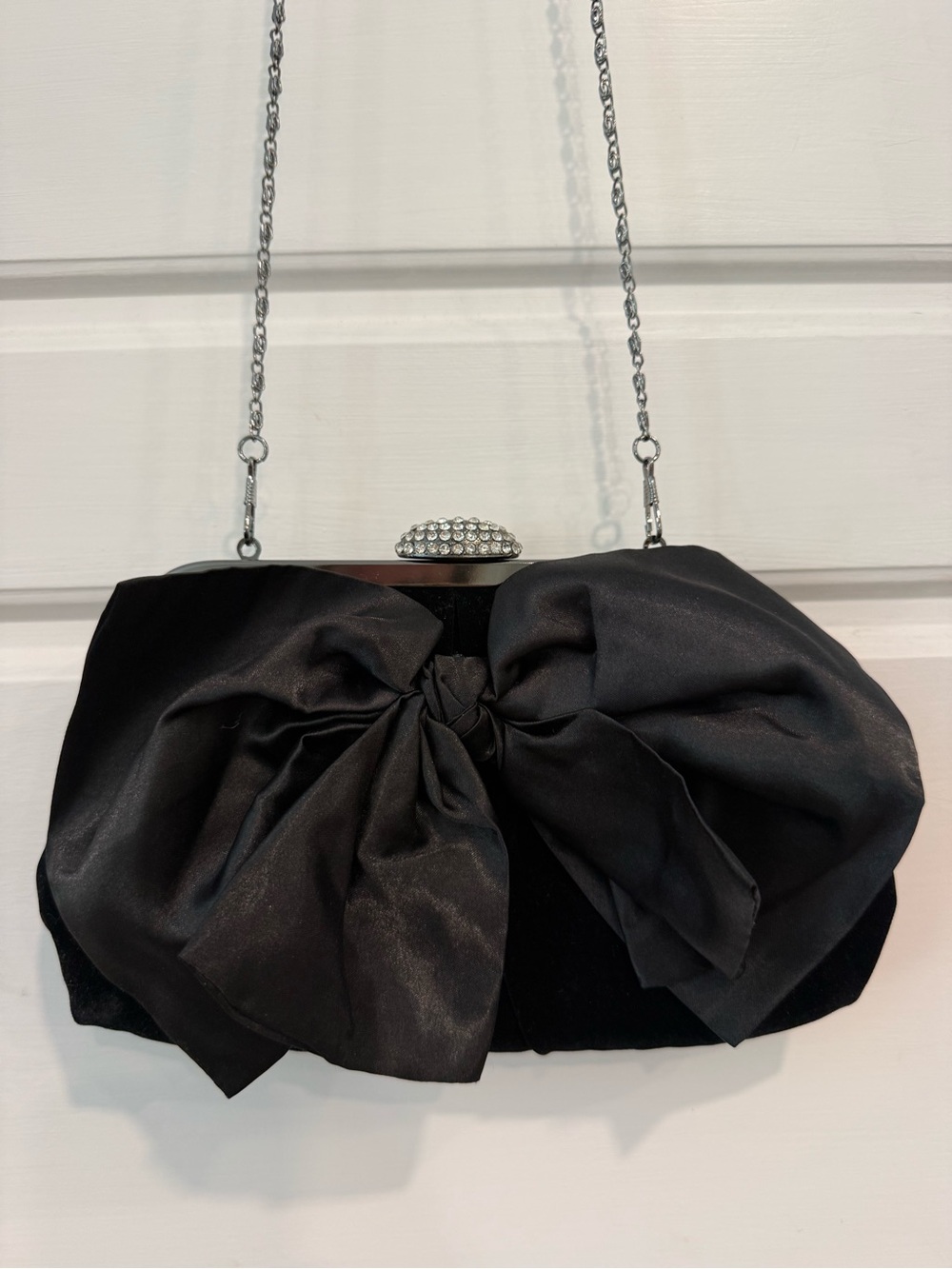 Neiman Marcus Black Velvet Bow Rhinestone Clutch Evening Bag Chain Purse